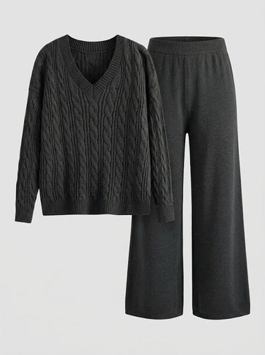 Women’s V-Neck Cable Knit Sweater and Wide Leg Pants Set-Sets for women-CaldwellVoss
