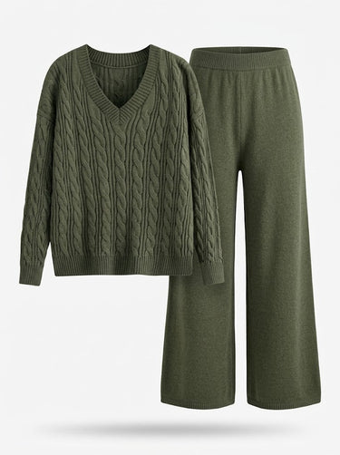Women’s V-Neck Cable Knit Sweater and Wide Leg Pants Set-Sets for women-CaldwellVoss