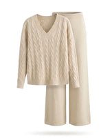 Women’s V-Neck Cable Knit Sweater and Wide Leg Pants Set-Sets for women-CaldwellVoss