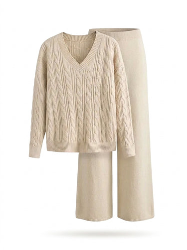 Women’s V-Neck Cable Knit Sweater and Wide Leg Pants Set-Sets for women-CaldwellVoss