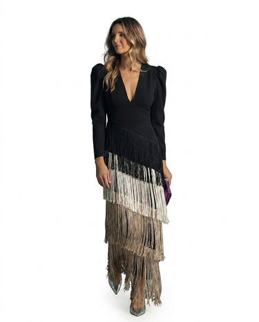 Women’s V-Neck Fringe Tiered Maxi Dress-Maxi Dress-CaldwellVoss