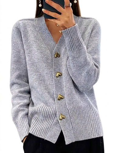 Women’s V-Neck Knit Cardigan with Heart Buttons-Cardigan for women-CaldwellVoss