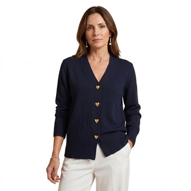 Women’s V-Neck Knit Cardigan with Heart Buttons-Cardigans for women-CaldwellVoss