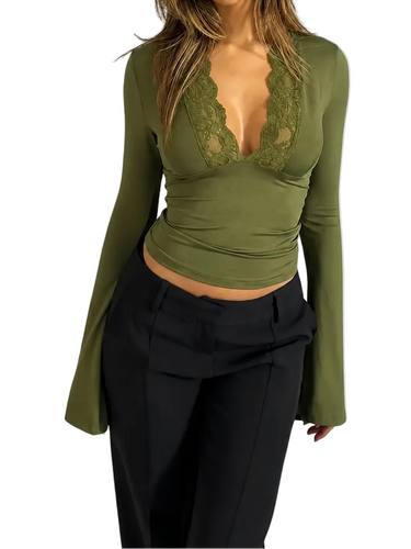 Women’s V-Neck Long-Sleeve Top with Lace Panel and Flared Cuffs-Tops for women-CaldwellVoss