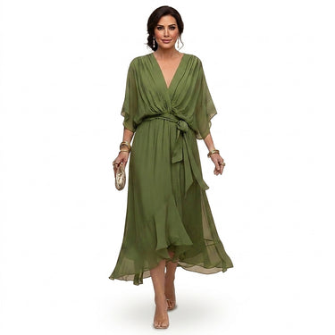 Women’s V-Neck Midi Dress with Tie Waist-Midi Dress-CaldwellVoss