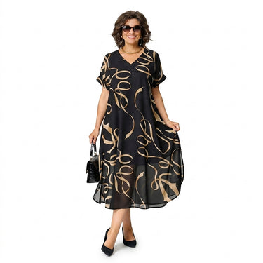 Women's V-Neck Printed Midi Dress Black