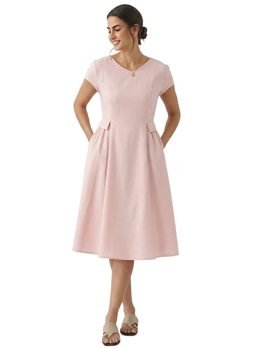 Women's V-Neck Short Sleeve Linen Midi Dress-Midi Dress-CaldwellVoss