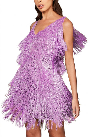 Women's V-Neck Tiered Fringe Mini Dress Purple