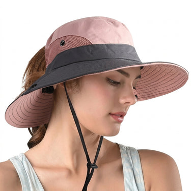Women's Wide Brim Sun Hat with Ponytail Opening Pink