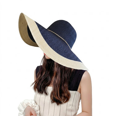 Women's Wide Brim Two-Tone Sun Hat with Chain Navy Blue