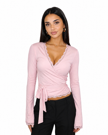 Women’s Wrap Long-Sleeve Top with Lace Trim and Side Tie-Tops for women-CaldwellVoss