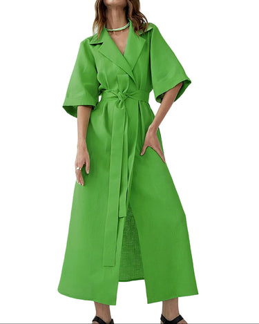 Women’s Wrap-Style Midi Dress with Notch Collar, Wide Sleeves, and Waist Tie Belt-Midi Dress-CaldwellVoss