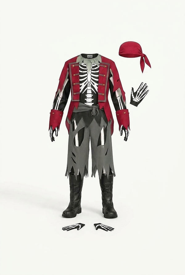Unisex Skeleton Pirate Halloween Costume Gray/Red