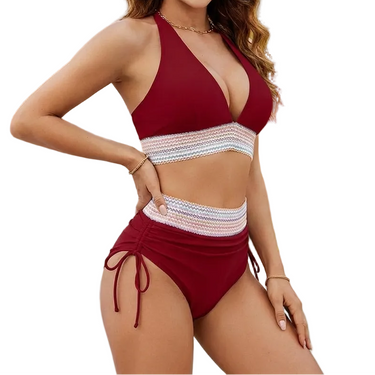 Women's Halter Neck Bikini Set with Striped Elastic Bands and Side Tie Bottoms | imported-image-1