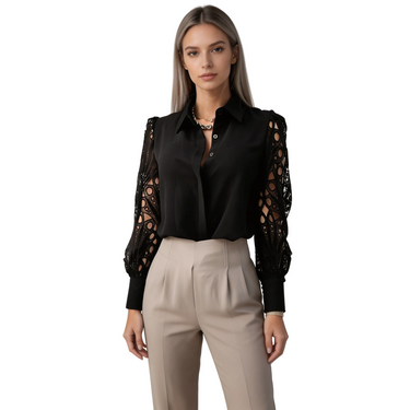 Women's Long Sleeve Blouse with Openwork Cut-Out Sleeves and Pointed Collar | imported-image-1