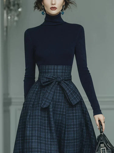Women’s Turtleneck Top and Plaid Maxi Skirt Set-Skirt for women-CaldwellVoss