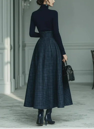 Women’s Turtleneck Top and Plaid Maxi Skirt Set-Skirt for women-CaldwellVoss