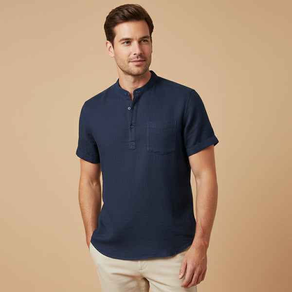 Men’s Band Collar Short Sleeve Shirt with Patch Pocket-Shirts for men-CaldwellVoss