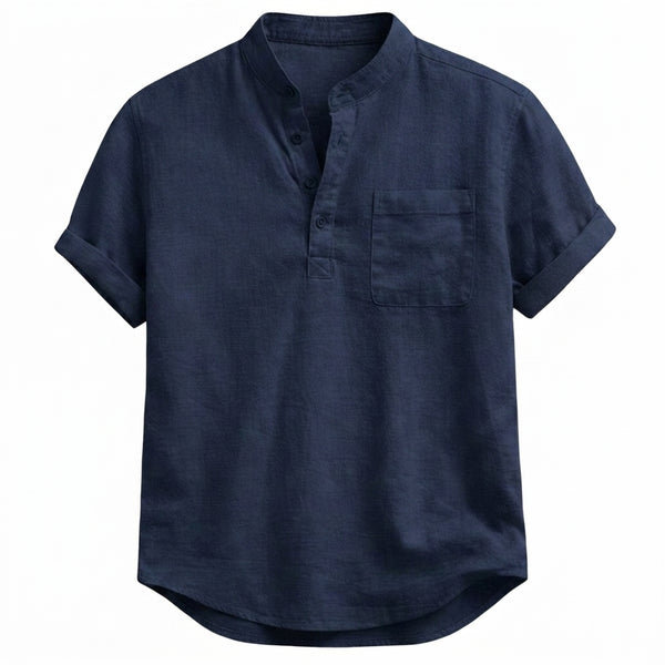 Men’s Band Collar Short Sleeve Shirt with Patch Pocket-Shirts for men-CaldwellVoss