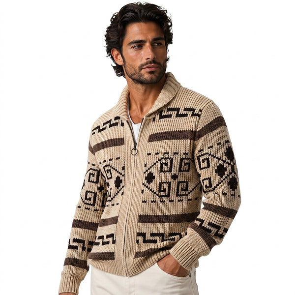 Men’s Geometric Pattern Knit Zip Up Shawl Collar Cardigan-Cardigan for men-CaldwellVoss