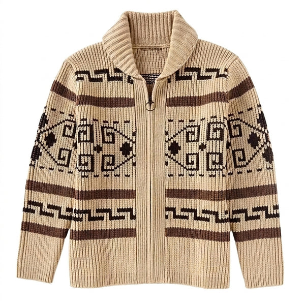 Men’s Geometric Pattern Knit Zip Up Shawl Collar Cardigan-Cardigan for men-CaldwellVoss