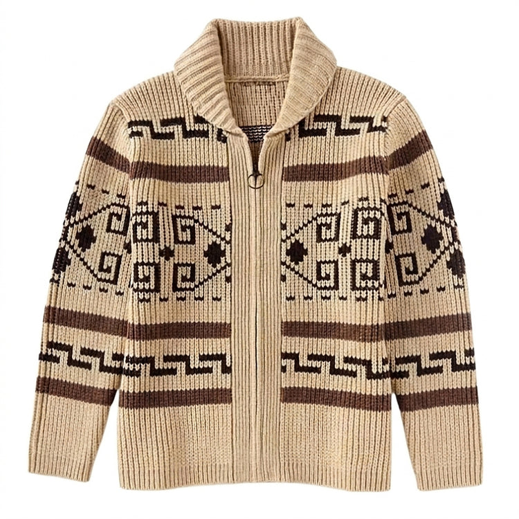 Men’s Geometric Pattern Knit Zip Up Shawl Collar Cardigan-Cardigan for men-CaldwellVoss