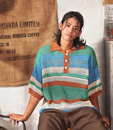 Men's Knit Polo with Horizontal Stripe Pattern