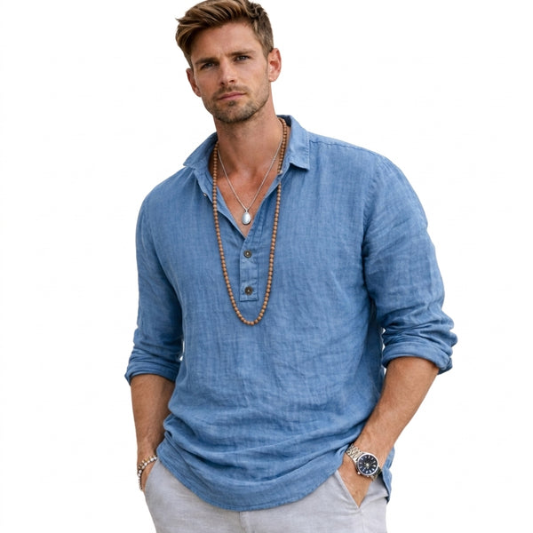 Men's Long-Sleeve Band Collar Henley Shirt with Textured Fabric-Shirts for men-CaldwellVoss
