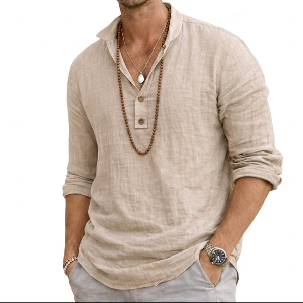 Men's Long-Sleeve Band Collar Henley Shirt with Textured Fabric-Shirts for men-CaldwellVoss