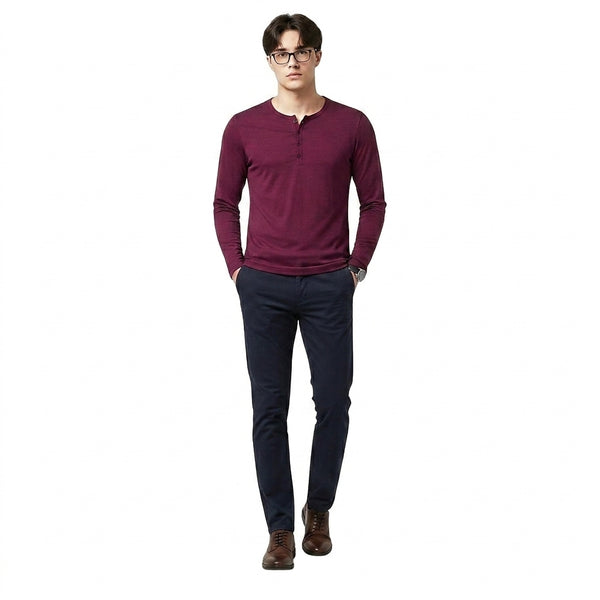 Men's Long-Sleeved Slub Texture Henley Shirt with Curved Hem-Shirts for men-CaldwellVoss