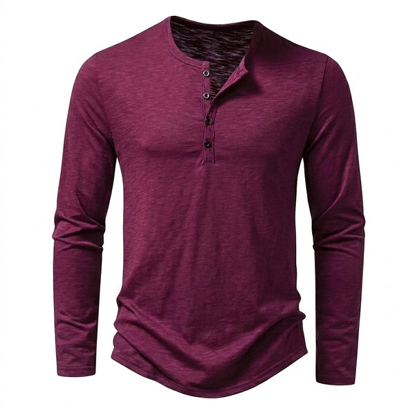 Men's Long-Sleeved Slub Texture Henley Shirt with Curved Hem-Shirts for men-CaldwellVoss