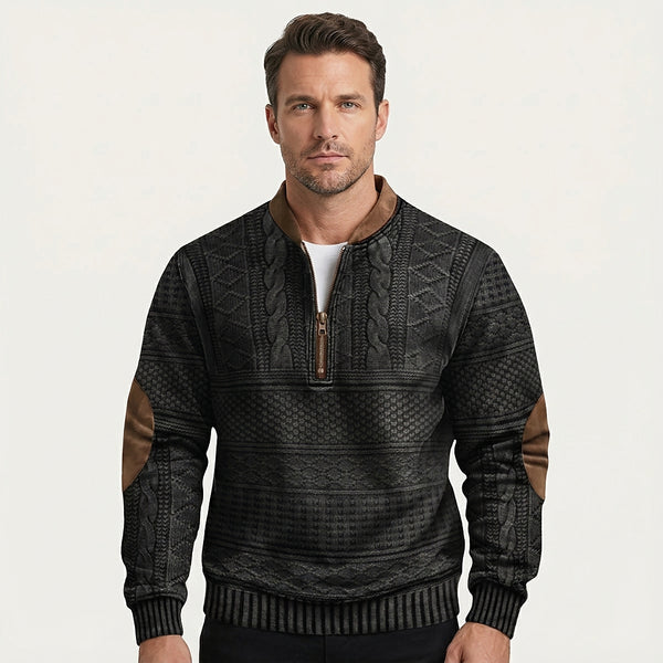 Men’s Patterned Half Zip Knit Sweater with Elbow Patches-Sweaters for men-CaldwellVoss