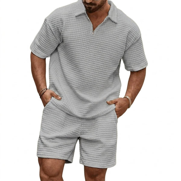 Men's Quarter-Zip Polo and Shorts Set with Grid Texture-Sets for Men-CaldwellVoss