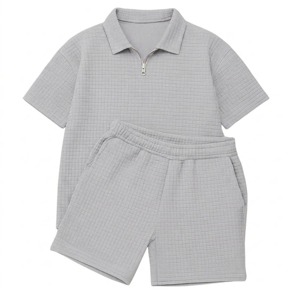 Men's Quarter-Zip Polo and Shorts Set with Grid Texture-Sets for Men-CaldwellVoss