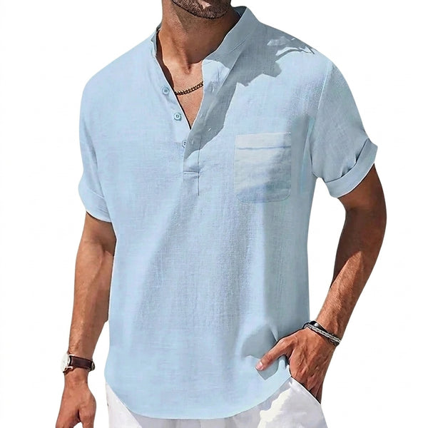 Men's Short Sleeve Band Collar Henley Shirt with Chest Pocket-Shirts for men-CaldwellVoss