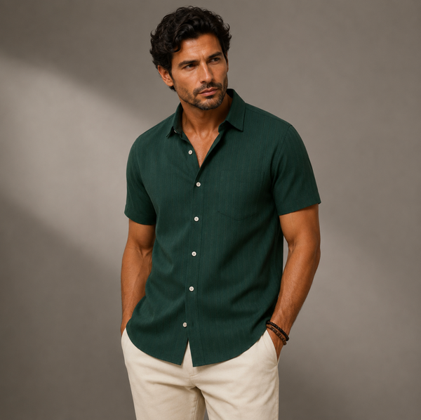 Men's Short Sleeve Button Shirt with Vertical Ribbed Texture and Chest Pocket-Shirts for men-CaldwellVoss