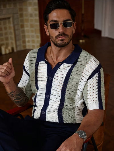 Men's Striped Knit Button-Down Polo