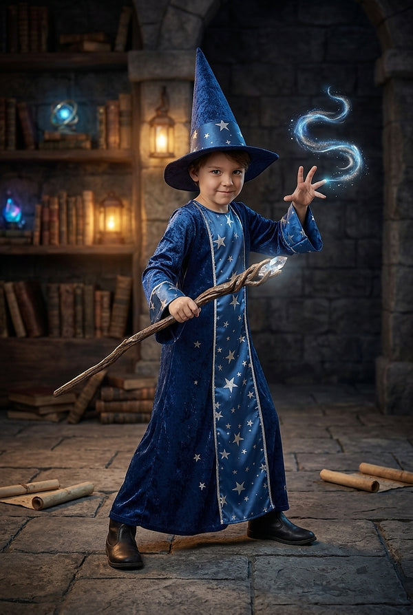 Unisex Wizard Costume with Star Print and Hat