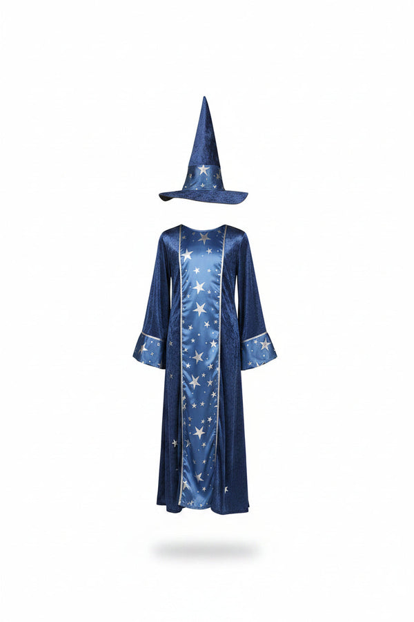 Unisex Wizard Costume with Star Print and Hat Dark Blue