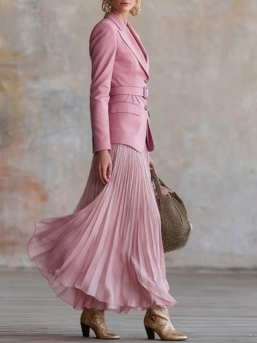 Women's Belted Blazer and Pleated Maxi Skirt Set