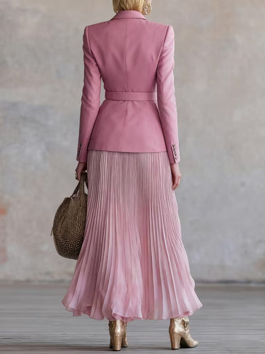 Women's Belted Blazer and Pleated Maxi Skirt Set