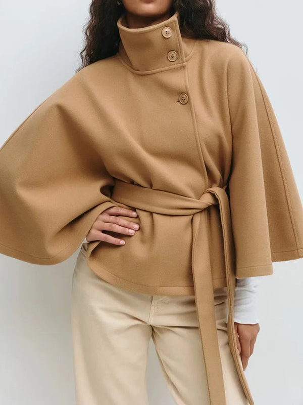 Women's Cape with Stand-Up Collar and Tie Belt-Jacket for women-CaldwellVoss