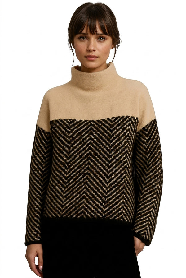 Women’s Chevron Pattern Mock Neck Sweater-Sweaters for Women-CaldwellVoss