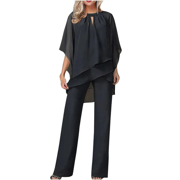 Women’s Chiffon Overlay Wide Leg Pantsuit-Sets for women-CaldwellVoss