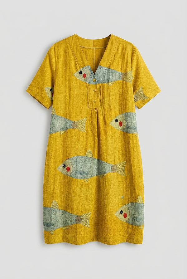 Women's Fish Print V-Neck Midi Dress-Midi Dress-CaldwellVoss