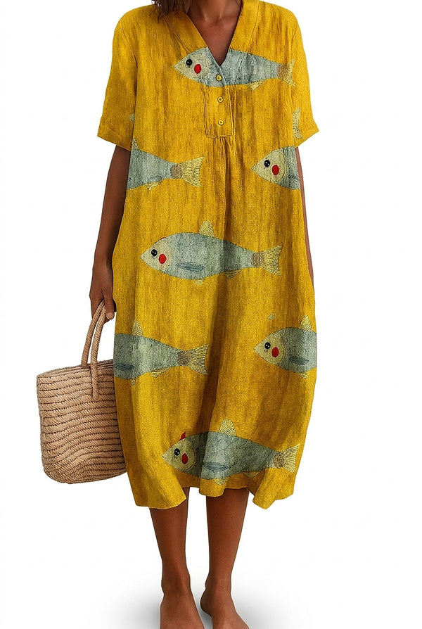 Women's Fish Print V-Neck Midi Dress-Midi Dress-CaldwellVoss
