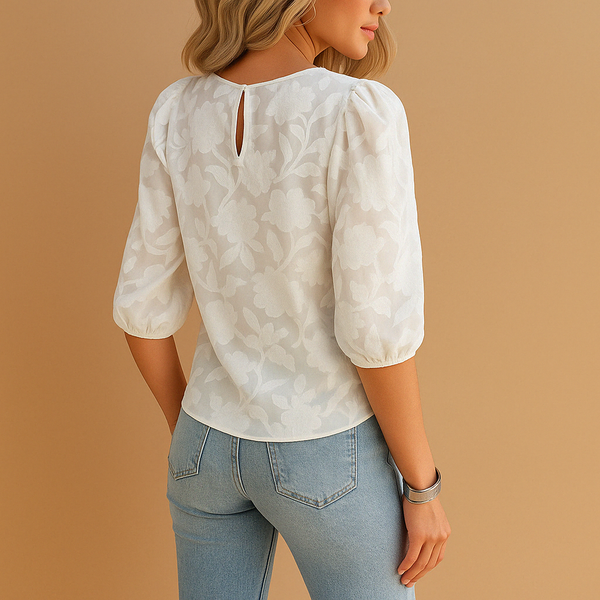 Women’s Floral Blouse with Puff Sleeves and Round Neckline-Blouses for women-CaldwellVoss