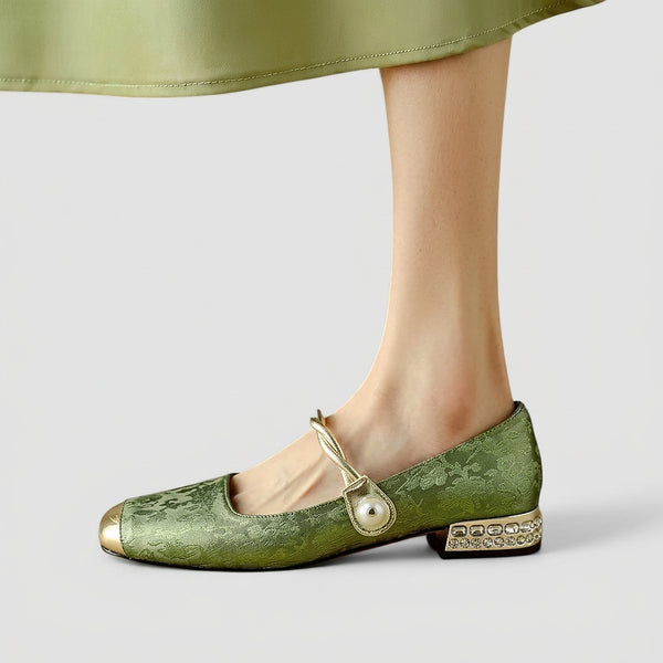 Women's Floral Pattern Mary Jane Shoes with Metallic Toe Cap and Stone-Encrusted Block Heel-Footwear for women-CaldwellVoss