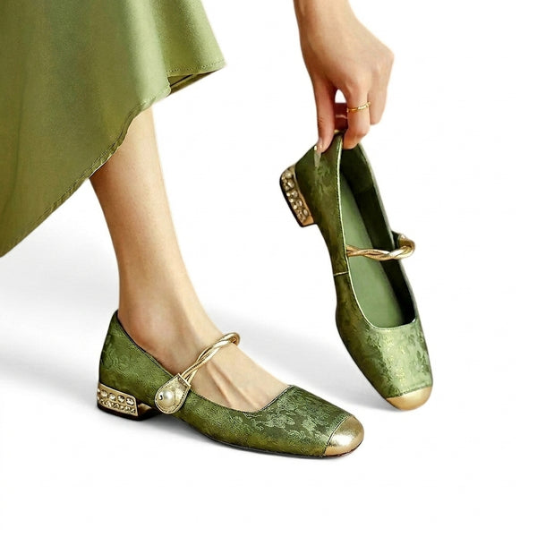 Women's Floral Pattern Mary Jane Shoes with Metallic Toe Cap and Stone-Encrusted Block Heel-Footwear for women-CaldwellVoss