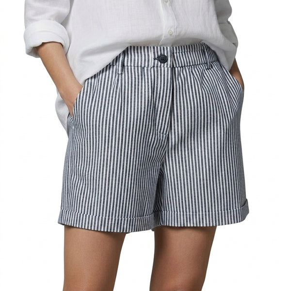 Womens High Waisted Striped Shorts with Cuffed Hem and Side Pockets-Shorts for women-CaldwellVoss